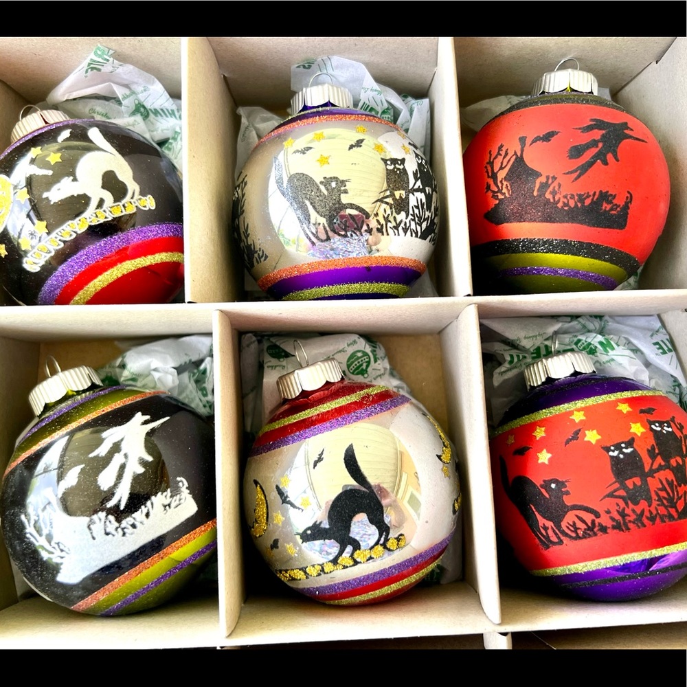 6 Halloween Radko Large Flocked Glass Ball Ornaments Owls Cat Witch Bats - Picture 4 of 10